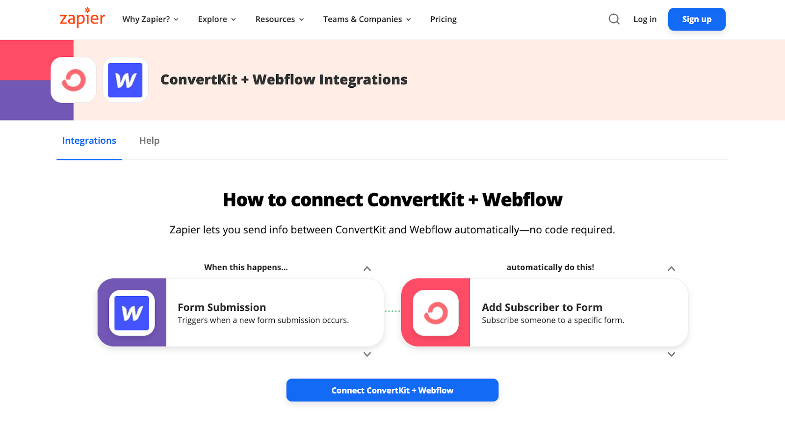ConvertKit & Webflow integrations page on Zapier