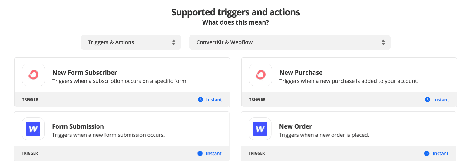 Supported ConvertKit & Webflow integrations